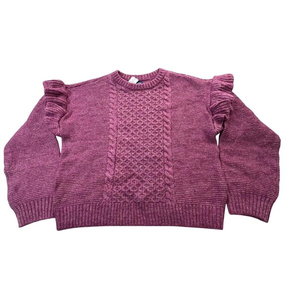 Old Navy Ruffle Crew Neck Pullover Cable Knit Sweater Artichoke Blossom Girls XL - Picture 2 of 11
